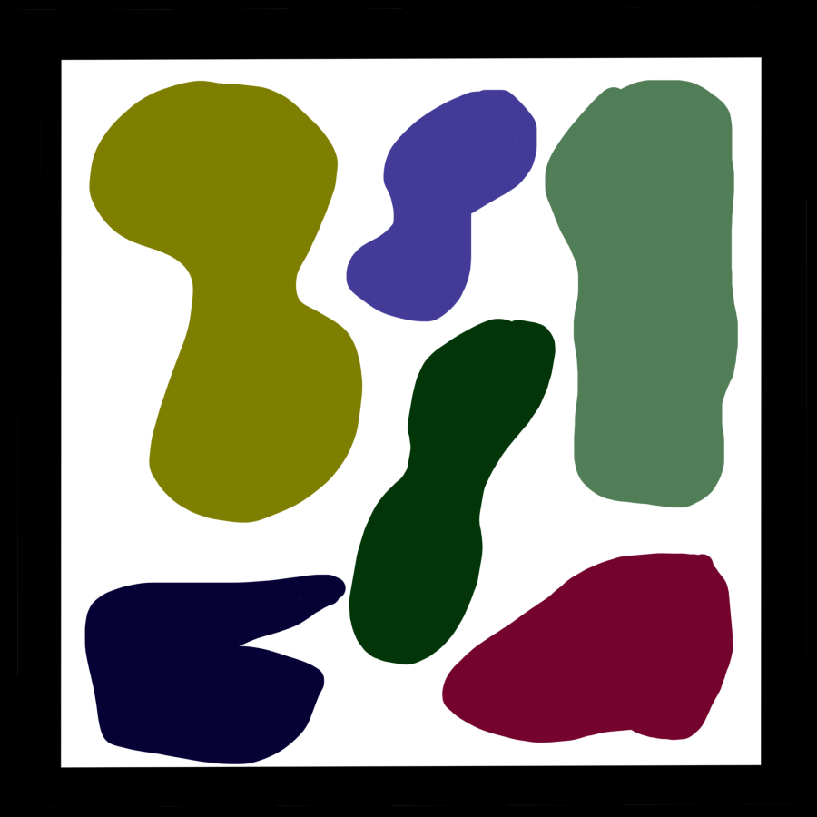  A black square containing blobs of various colors there are 2 green blobs, 2 blue blobs, a yellow, and a red blob